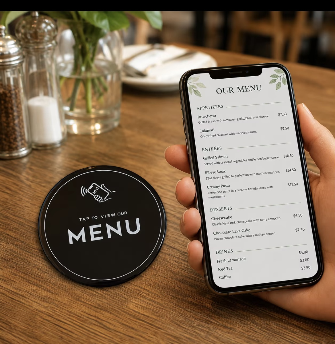 Digital menu NFC tag used at a restaurant table